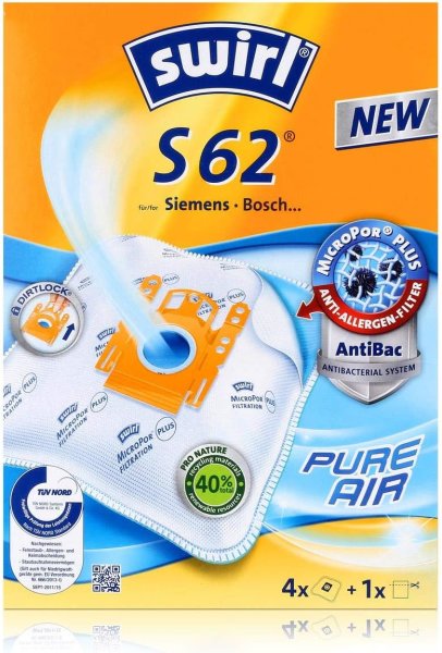 8x Swirl S62 Staubsaugerbeutel  MicroPor Plus AirSpace für Siemens & Bosch Staubsauger - Typ D, E, F